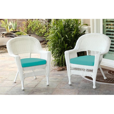 Jeco W00206-C-2-FS032-CS White Wicker Chair with Turquoise Cushion, 2PK W00206-C_2-FS032-CS